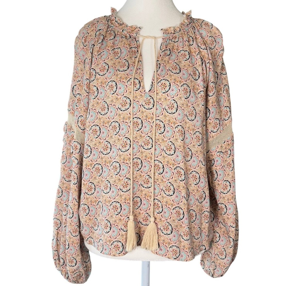 Joie Women's Peach Paisley Print Long Sleeve‎ Tassle Neck Boho Blouse Size M